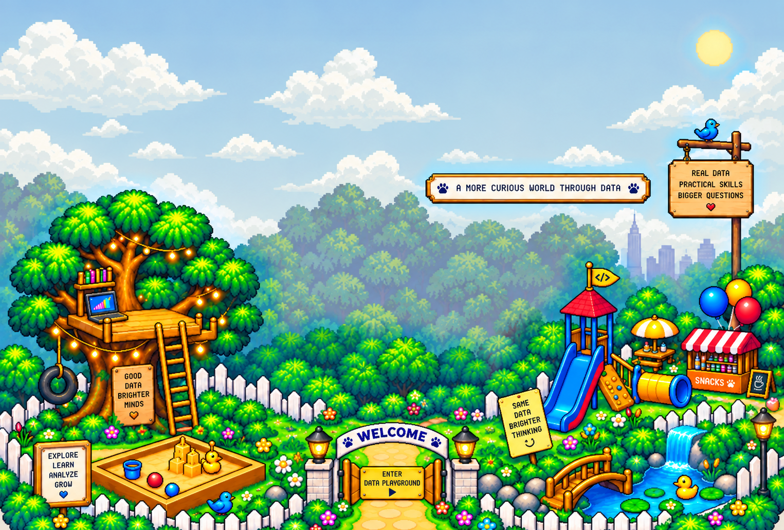 A pixel-art garden with a treehouse, sandpit, slide, snack stand and a bridge over a duck pond.