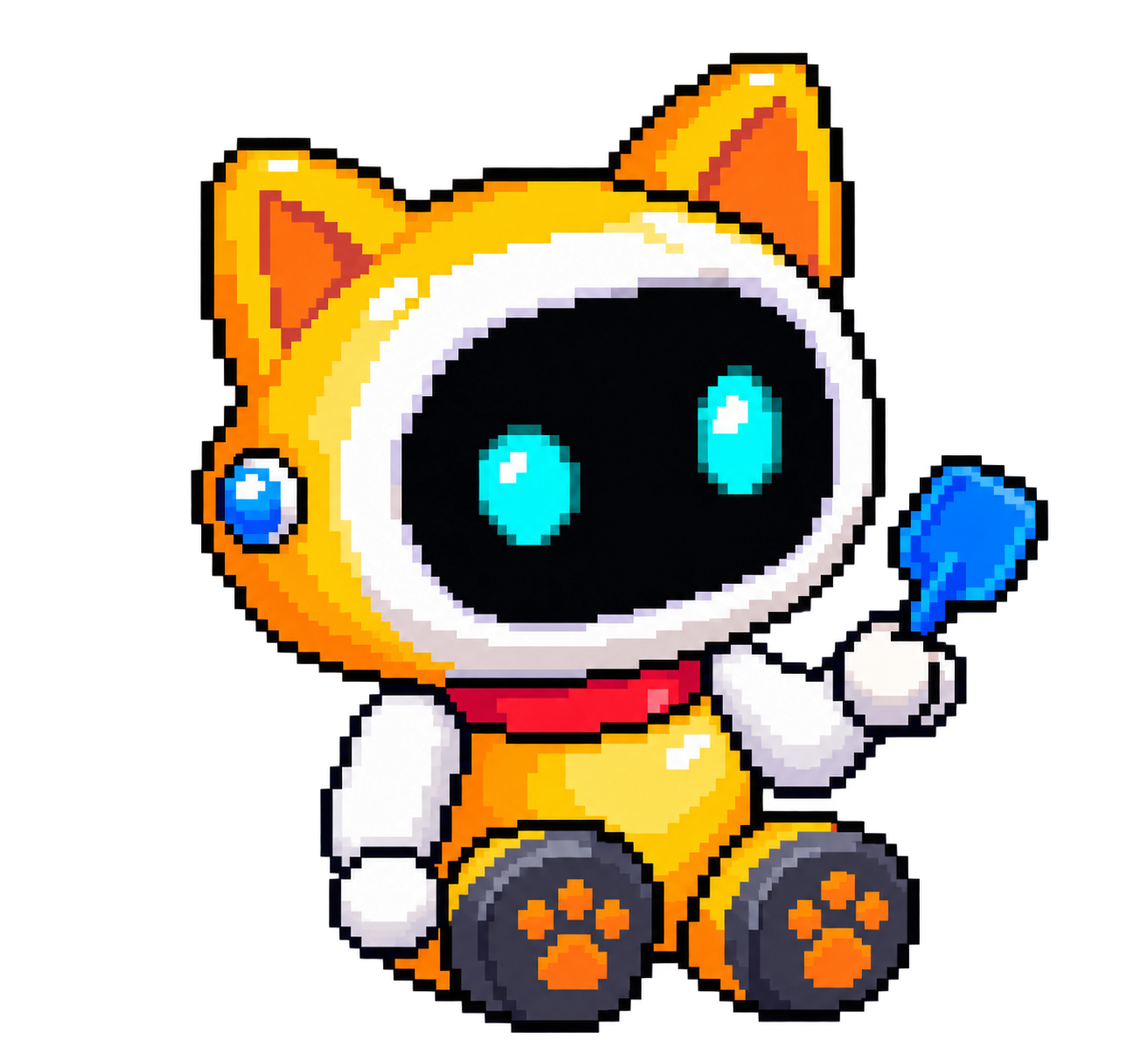 A robot cat playing with a blue shovel in the sandpit.